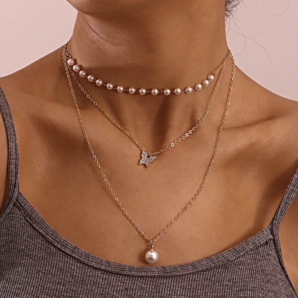 Multilayer Thin Chain Pearl And Diamond Butterfly Pendant Necklace Necklaces 5