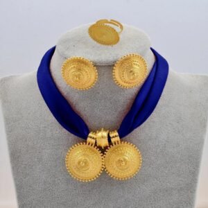 Ethiopian Ladies Gold Plated Necklace Earrings Ring Jewelry Set Earrings