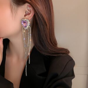 Silver Needle Inlaid Diamond Love Heart Tassel Earrings Exaggerated All-match Earrings Silver Needle Inlaid Diamond Love Heart Tassel Earrings Exaggerated All-match Earrings