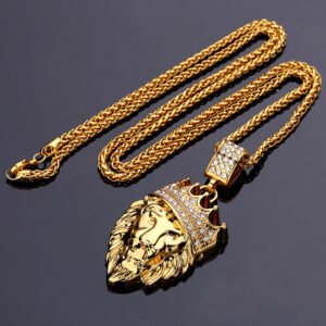 Hip Hop Animal Lion King Crown Pendant Necklace Man Steampunk Gold Color Alloy 75cm Chain Inlay Rhinestone Fashion Jewelry WE02 Necklaces 3