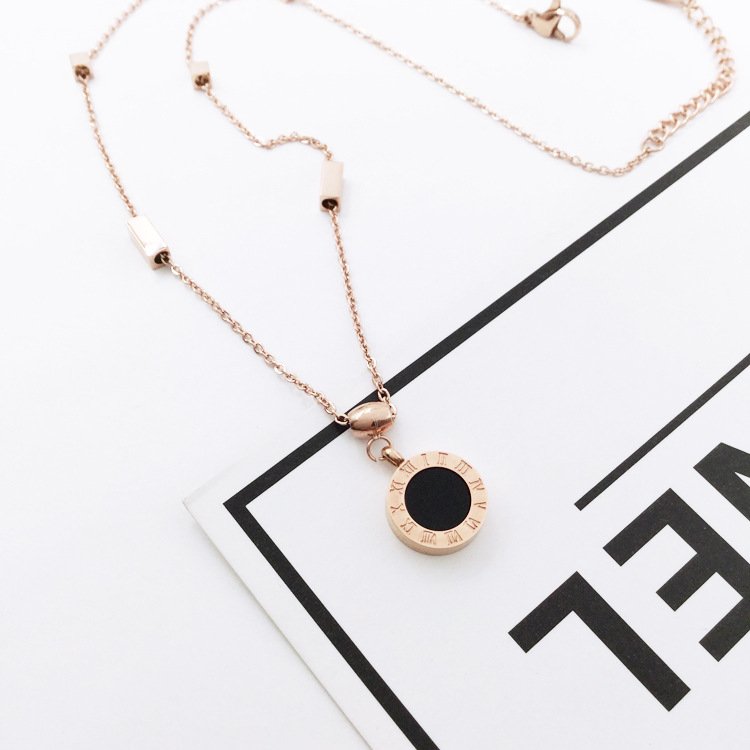 Korean fashion titanium steel plated 18K rose gold black and white double-sided Roman numerals necklace color gold clavicle chain female short chain Necklaces 5 Korean fashion titanium steel plated 18K rose gold black and white double-sided Roman numerals necklace color gold clavicle chain female short chain Necklaces 5