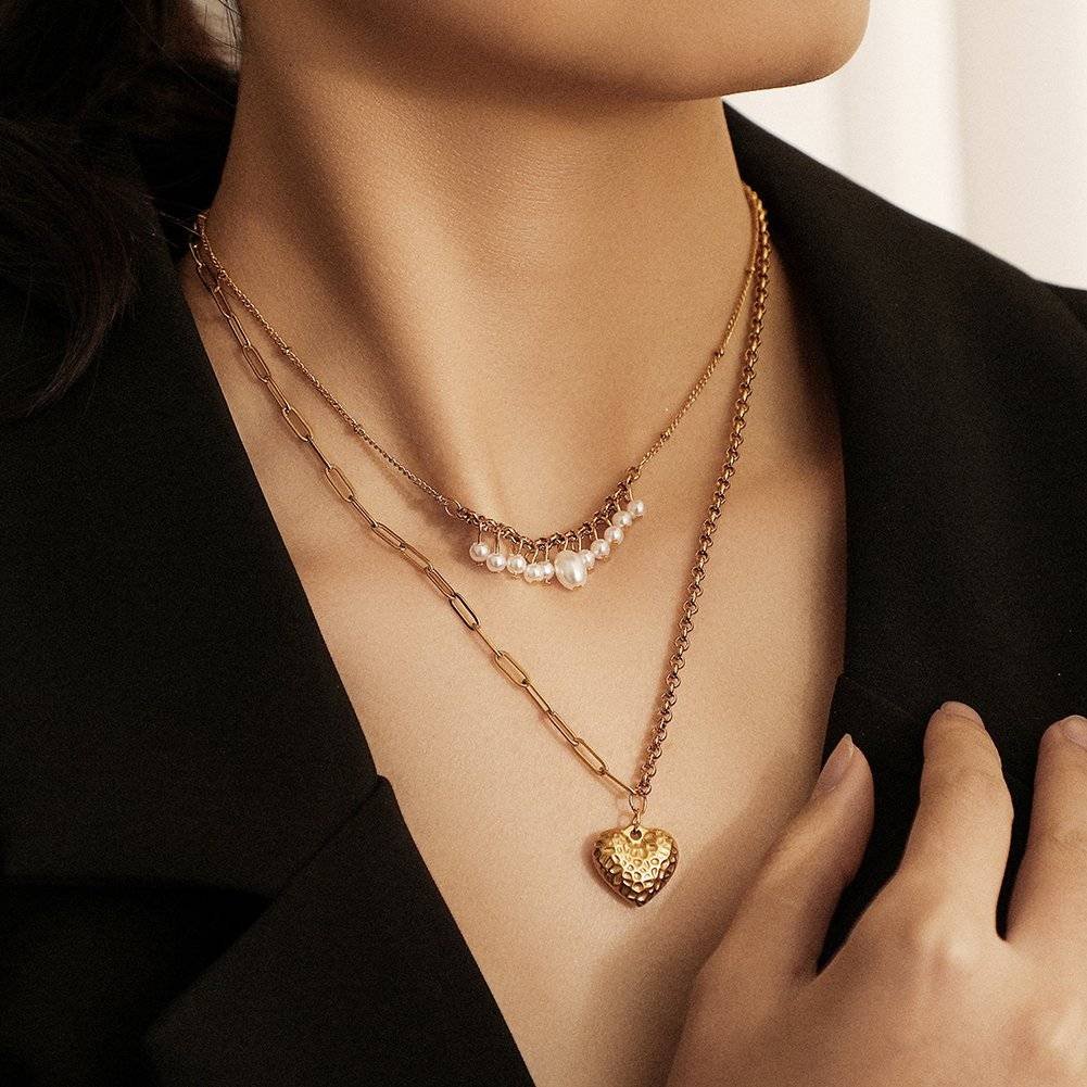 Stainless Steel Shell Pattern Tassel Pearl Double Necklace Necklaces 5 Stainless Steel Shell Pattern Tassel Pearl Double Necklace Necklaces 5