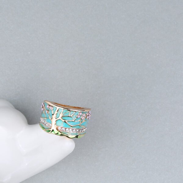 Flower Tree Rings Fashion Gold Pink Opal Green Enamel Wide Ring For woman Party Crystal Vintage Jewelry Rings 4