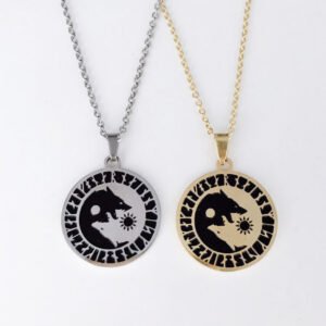 Wolf Head Sun Moon Necklace Titanium Steel Viking  Pendant Necklaces