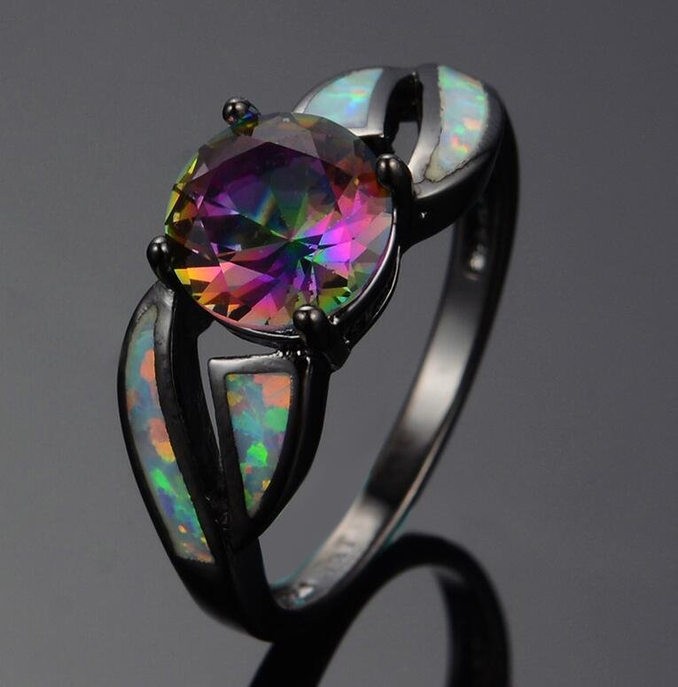 White fire opal ring charm jewelry colorful rainbow sappjire men women black gold engagement ring jewelry with women Rings 2