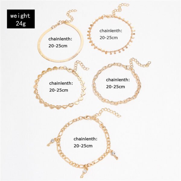 5 Pcs Women Fashion Gold Color Heart Crystal Key Anklets For Women Trendy Snake Chain Anklets For Women Foot Jewelry Gifts Anklets 7