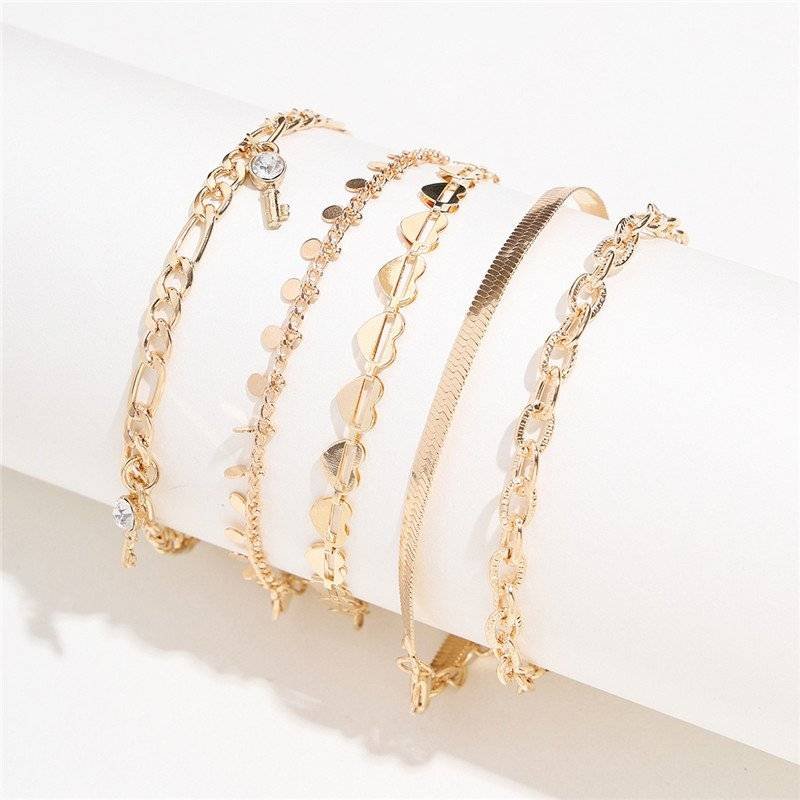 5 Pcs Women Fashion Gold Color Heart Crystal Key Anklets For Women Trendy Snake Chain Anklets For Women Foot Jewelry Gifts Anklets 2