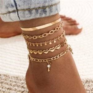 5 Pcs Women Fashion Gold Color Heart Crystal Key Anklets For Women Trendy Snake Chain Anklets For Women Foot Jewelry Gifts Anklets