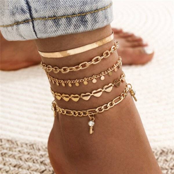 5 Pcs Women Fashion Gold Color Heart Crystal Key Anklets For Women Trendy Snake Chain Anklets For Women Foot Jewelry Gifts Anklets 3