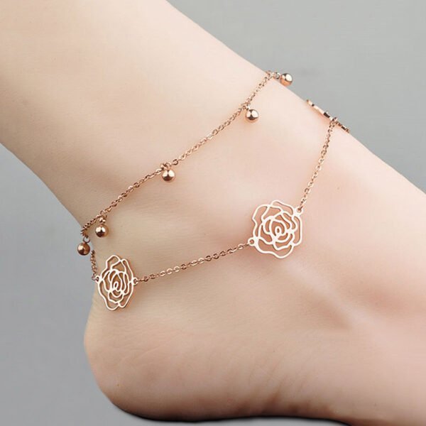 Sterling Silver Plated 18K Rose Gold Anklet Female Non-Fading Double-Layer Bells Girlfriend Foot Chain Accessories 7