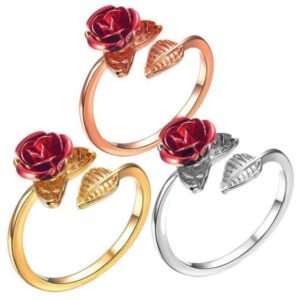 Red Rose Garden Flower Leaves Resizable Gold Finger Rings Rings