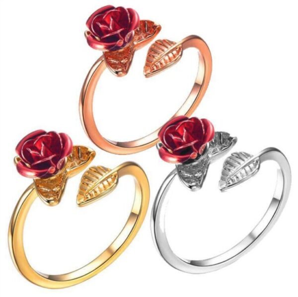 Red Rose Garden Flower Leaves Resizable Gold Finger Rings Rings 3