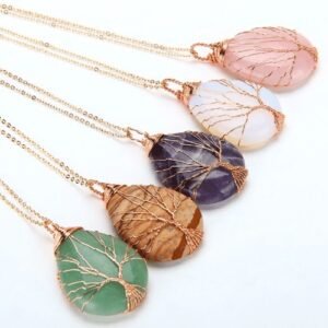 Natural Quartz Opal Stone Pendants Handmade Rose Gold Color Handmade Tree of Life Wrapped Drop Shaped Crystal Pendant Necklace Necklaces