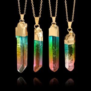 Original stone cylindrical mixed color crystal gold rim single ring pendant necklace Necklaces