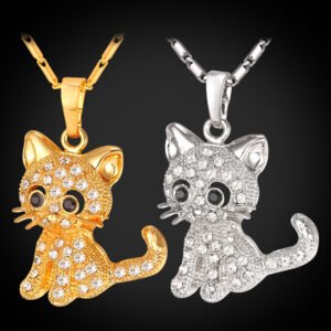 Rhinestone Cute Cat Necklace Trendy Gold Color Link Chain For Women Collares Lucky Pet Pendant Bijoux Wholesale P2453 Necklaces