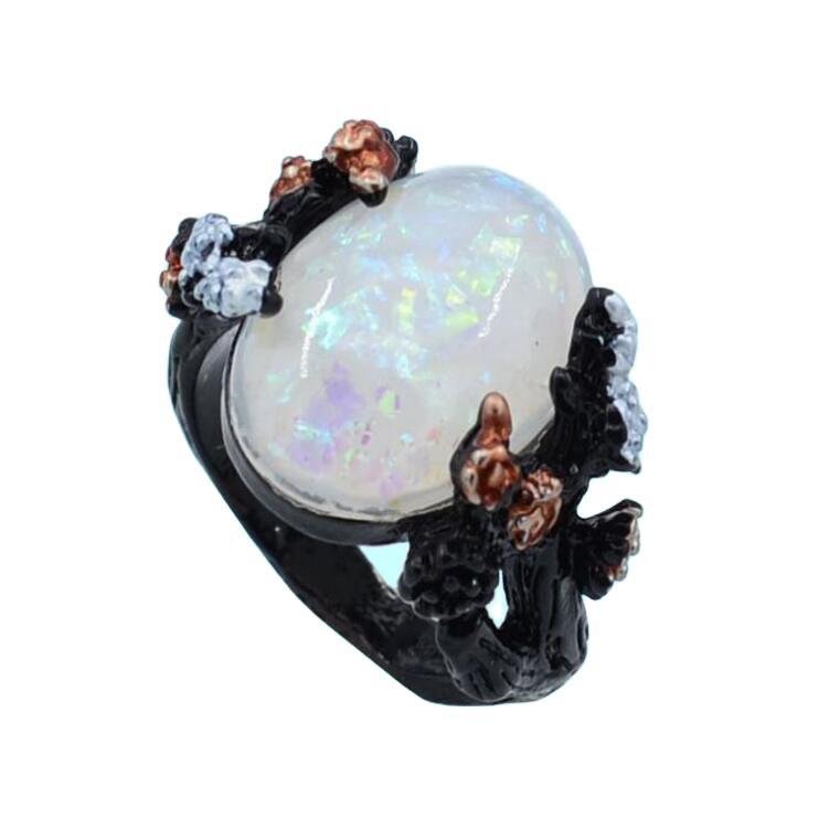 Vintage Flower Opal Ring Black Gold Finger Rings 2