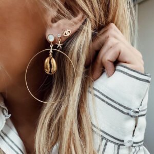 Ocean Starfish Big Circle Shell Earrings Beach Natural Eyes Gold Plated Bell Pendant 3 Pairs Set Stud Earrings Earrings