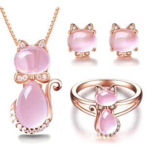 Cat Jewelry Set in Rose Gold Plate & Pink Quartz Crystal Rhinestone Earrings