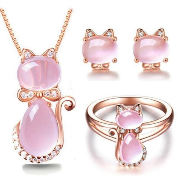 Cat Jewelry Set in Rose Gold Plate & Pink Quartz Crystal Rhinestone Earrings 3