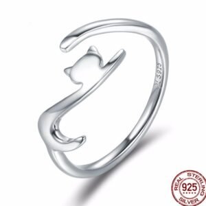S925 Silver Ring Cute Kitten Silver Plated White Gold Ring Rings