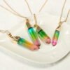 Original stone cylindrical mixed color crystal gold rim single ring pendant necklace Necklaces 10