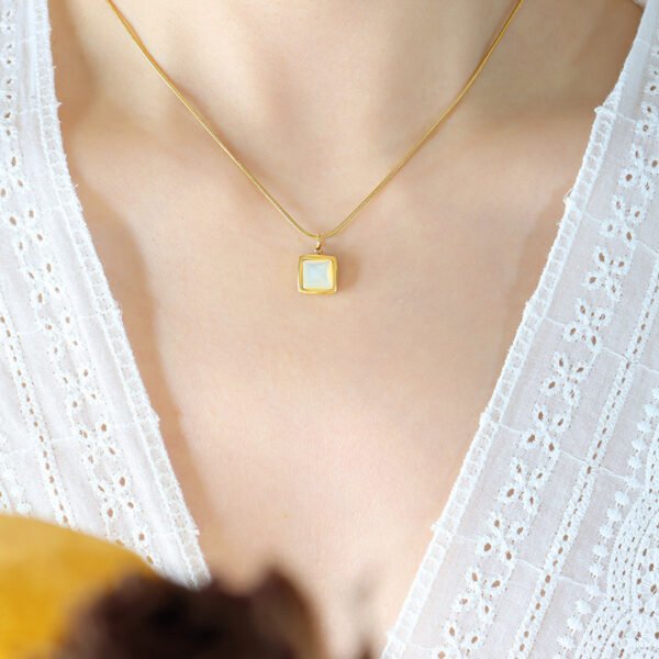 14K Gold Plated Stainless Steel Necklace Square White Jade Pendant Women’s Jewelry Necklaces 6