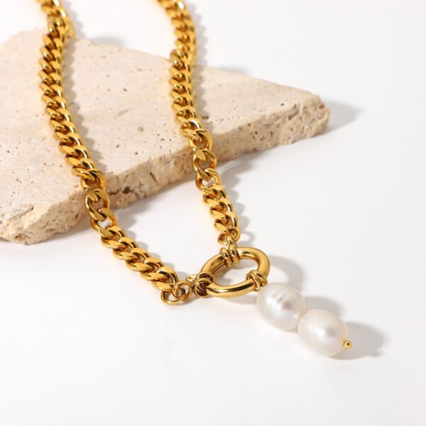 European And American Stainless Steel 18K Gold Two Pearl Pendant Cuban Link Chain Necklace Necklaces 5