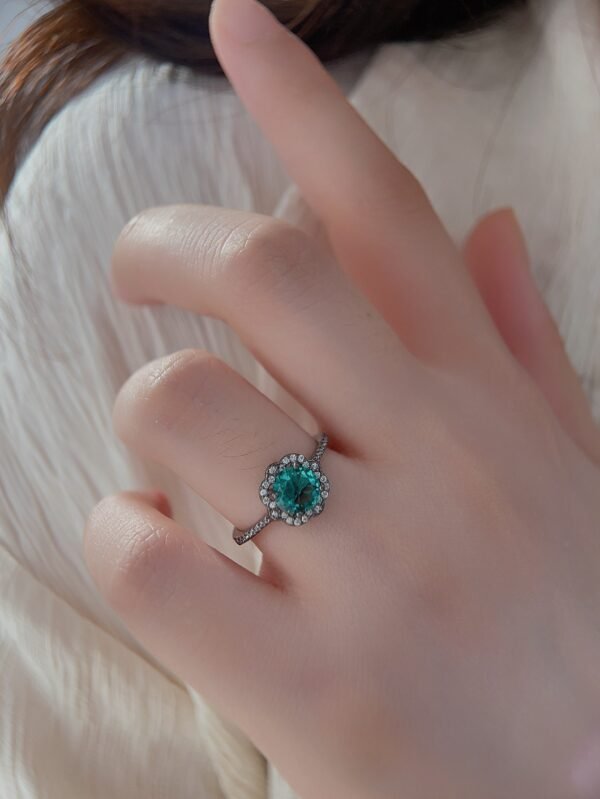 Vintage S925 Sterling Silver Black Gold Palaiba Glass Stone Flower Ring Rings 9