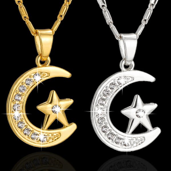 Muslim Crescent Pendant Necklace Silver Gold Color Cubic Zirconia CZ Islam Moon Star Jewelry Women Gift Necklaces 3