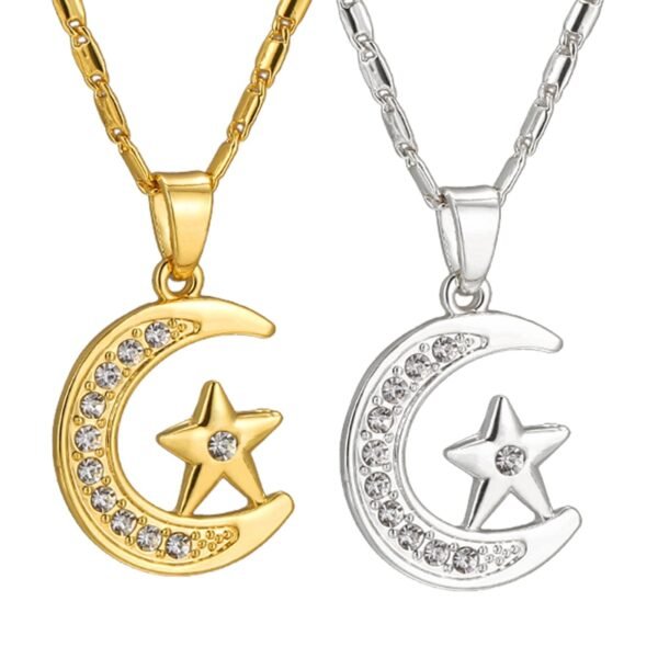 Muslim Crescent Pendant Necklace Silver Gold Color Cubic Zirconia CZ Islam Moon Star Jewelry Women Gift Necklaces 4
