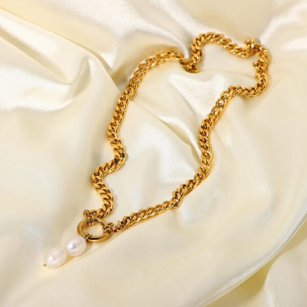 European And American Stainless Steel 18K Gold Two Pearl Pendant Cuban Link Chain Necklace Necklaces 3