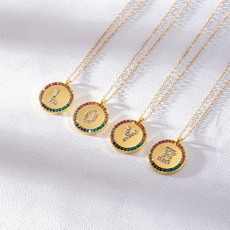 2023 New A-Z Letters Colorful Crystal Necklace Gold Round Stainless Steel Pendant Necklace Necklaces 2