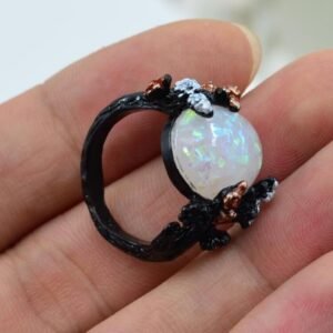 Vintage Flower Opal Ring Black Gold Finger Rings