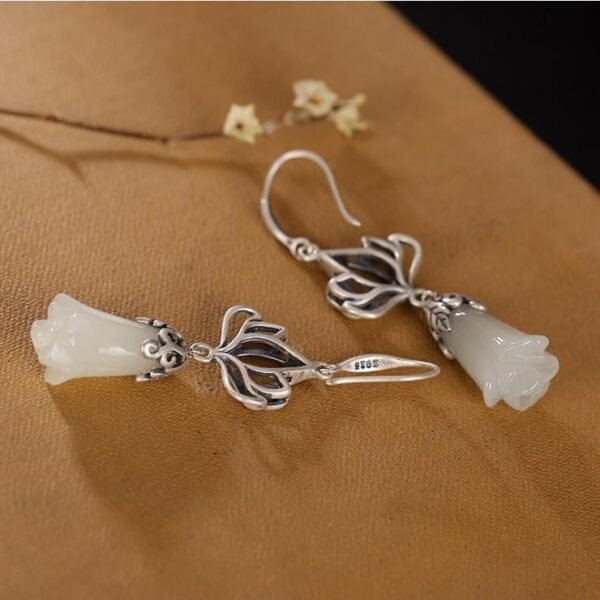 White Gold Inlaid Hetian Jade Orchid Eardrops Earrings 9