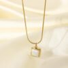 14K Gold Plated Stainless Steel Necklace Square White Jade Pendant Women’s Jewelry Necklaces 13