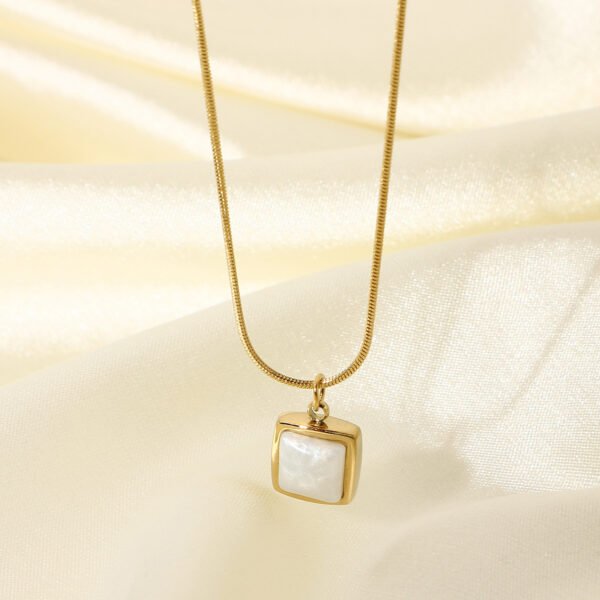 14K Gold Plated Stainless Steel Necklace Square White Jade Pendant Women’s Jewelry Necklaces 3