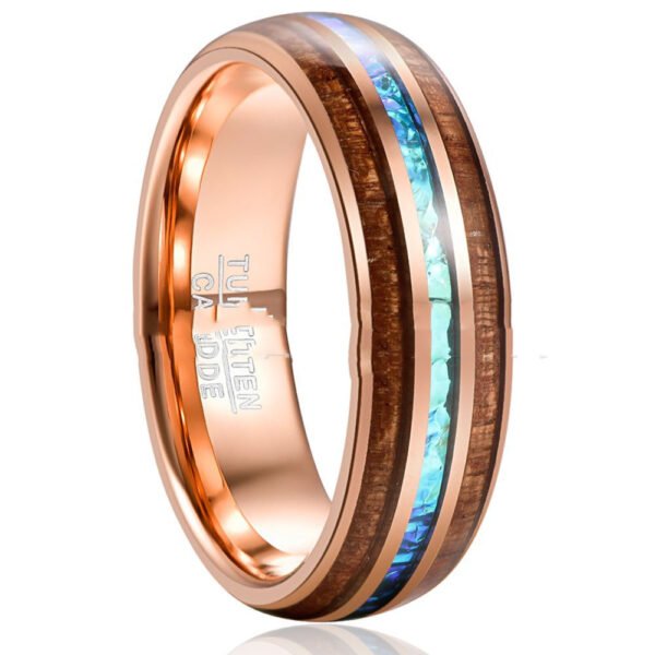 Rose Gold Inlaid Acacia Wood Opal Dome Tungsten Steel Ring Rings 6