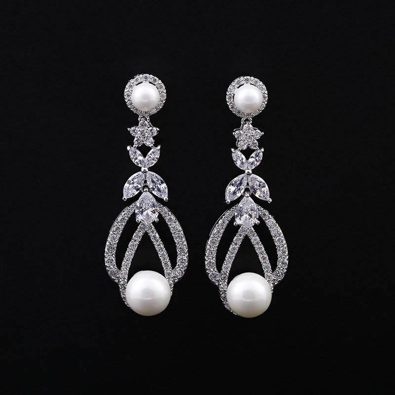 Zircon pierced pearl earrings earrings female 925 silver white gold zircon earrings pearl earrings Earrings 4