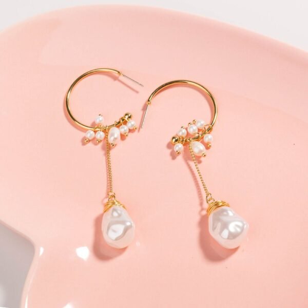 Temperament Long Tassel Pearl Personality c-shaped Metal Natural Small Pearl earring girl Earrings 7