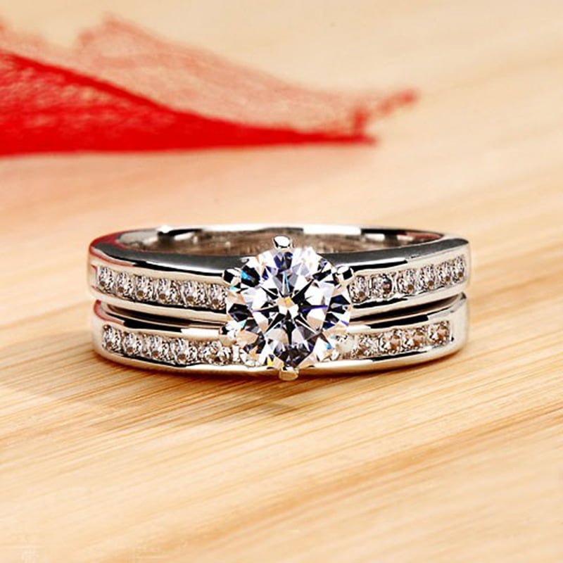 White Gold Plated Couple Combined Ring Set Rings 2