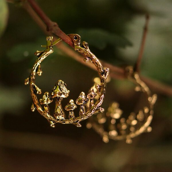 Boho Hoops Trendy Vintage Gold Mushroom Look Earrings 3