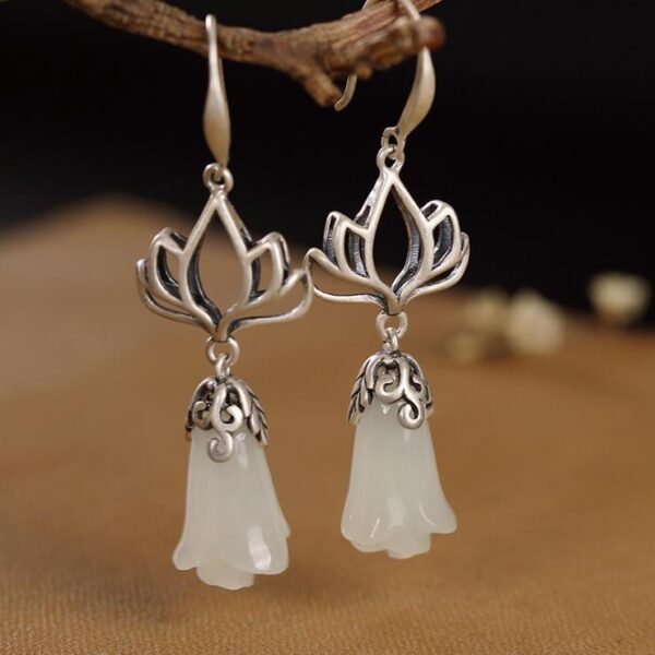 White Gold Inlaid Hetian Jade Orchid Eardrops Earrings 3