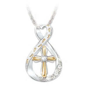 Cross Footprint Diamond Pendant Two Tone Necklaces