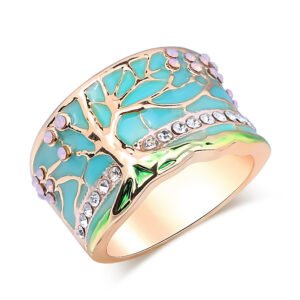 Flower Tree Rings Fashion Gold Pink Opal Green Enamel Wide Ring For woman Party Crystal Vintage Jewelry Rings