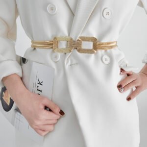 New Women’s Metal Spring Waist Chain With Gold Elastic Square Buckle High-grade Elegant Coat Belt Other