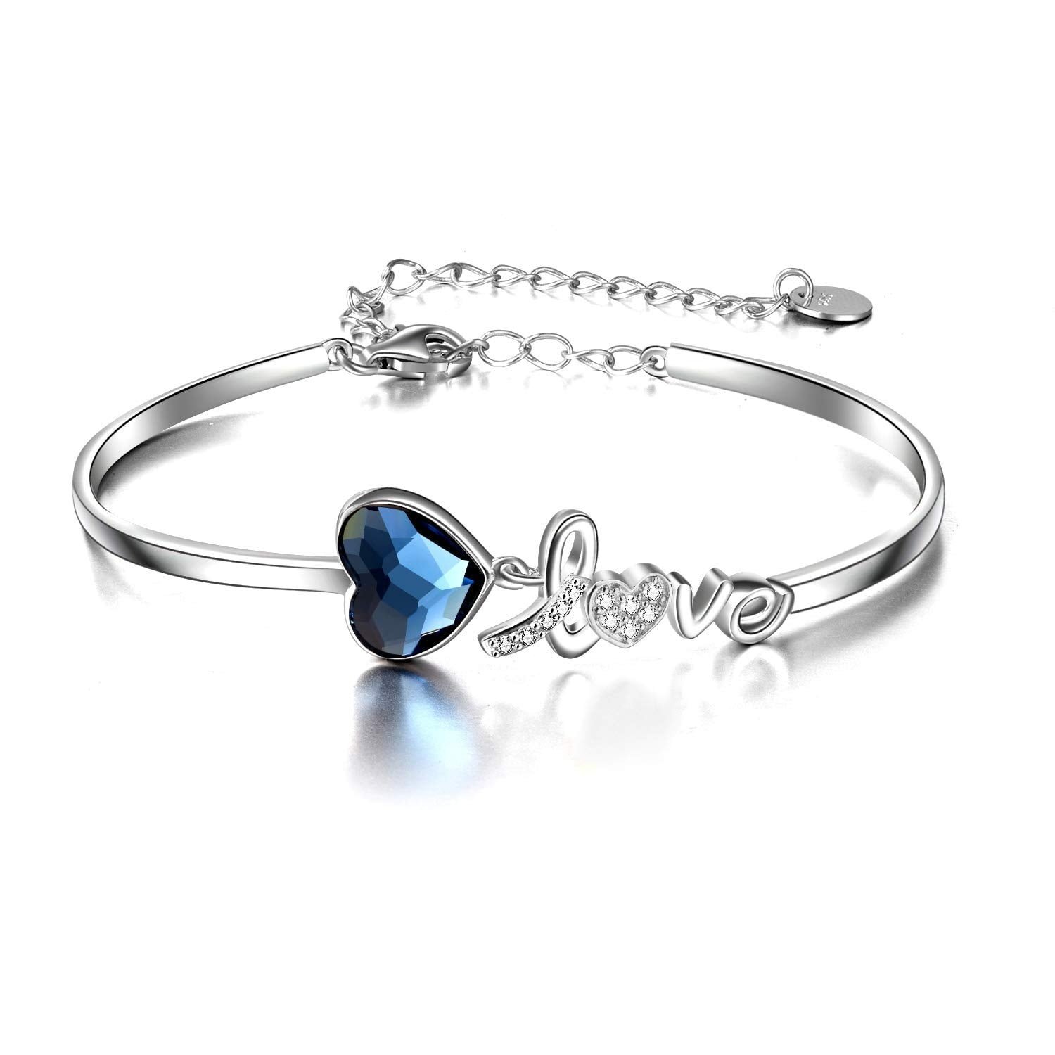 Blue Crystals from Austria Love Heart Bangle Bracelet in White Gold Plated Sterling Silver Bracelets 2