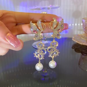 S925 Silver Needle Exaggerated Butterfly Long Pearl Earrings Earrings