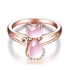 Quartz Crystal Rose Gold Plated Rhinestone Cat Ring Rings