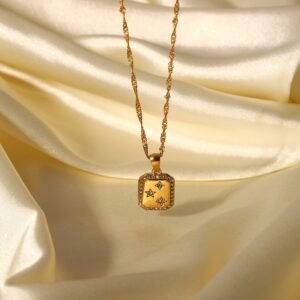 Gold Plated Star Inlaid Square Pendant Necklaces