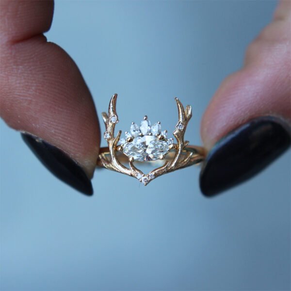 Fashion Glittering Zircon Embellished Lovely Rose Gold Elk Antlers Zircon Ring Christmas 6